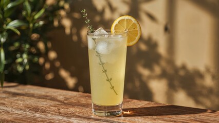 Fototapeta premium A vibrant yellow mocktail infused with thyme and lemon flavors
