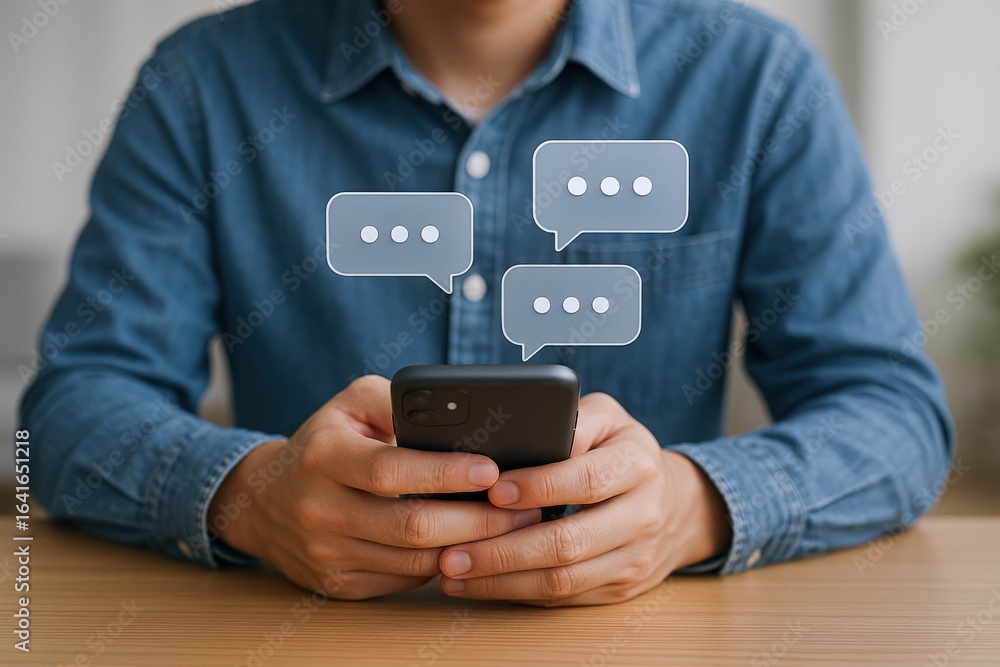 Poster man using smartphone for messaging with speech bubbles representing communication and connection in 