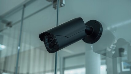 Security camera in black fixed on transparent wall