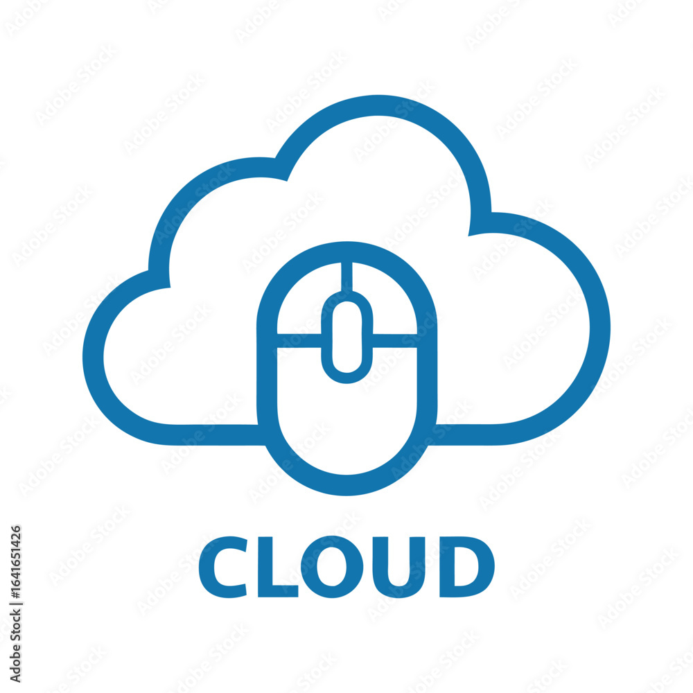Poster blue computer mouse inside a blue cloud outline with the word c l o u d below computing technology