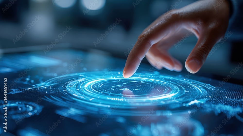 Poster futuristic technology interface: a hand interacting with a glowing digital display for innovation an