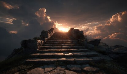Sunlit staircase made of stone leading towards a bright horizon creating an uplifting atmosphere and inspiring hope for the future