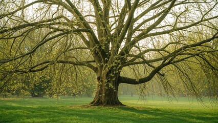 Obraz premium Springtime scene of green leaves and branches on poplar trees in an outdoor environment