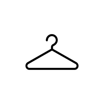 Simple outline icon of a black clothes hanger on a white background
