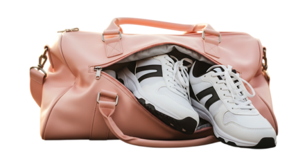 Pink duffle bag with white sneakers isolated on transparent background