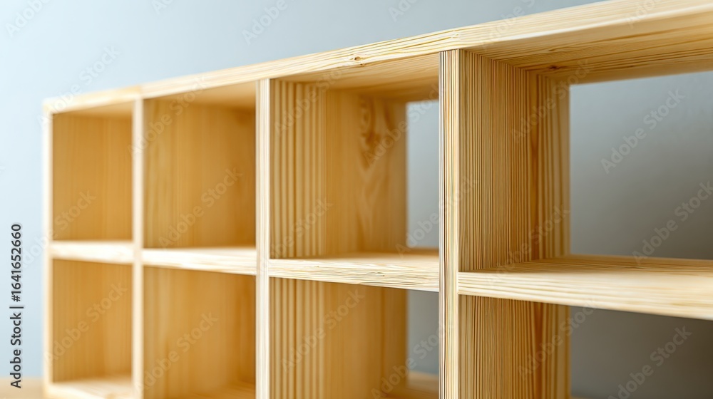 Poster close-up of a simple wooden shelf unit with multiple compartments, displaying clean lines and minima