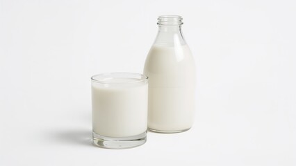 Close-up of pure whole milk in a container and a glass set on a white background