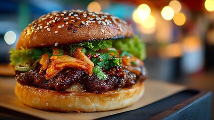 Close up shot of a gourmet burger with sesame seed bun and kimchi on a wooden serving tray
