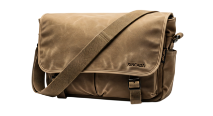 Brown textured messenger bag isolated on transparent background