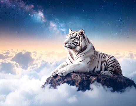 A majestic white tiger rests on a rock high above a sea of clouds, under a vibrant, starry sky - Powered by Adobe