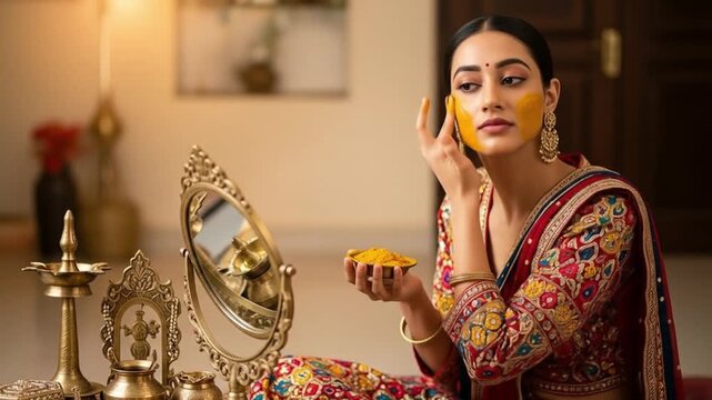 Haldi Ceremony: Woman Applies Turmeric Paste in Traditional Indian Wedding Rituals Preparation