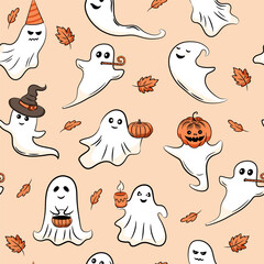 Halloween cute funny ghosts in party costumes with autumn leaves on light background. Hand drawn festive characters vector illustration. Seamless pattern.