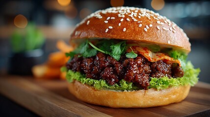 A close up shot of a gourmet burger with sesame bun and fresh greens on a wooden serving board