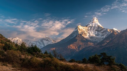 Majestic mountain peak bathed in golden sunlight