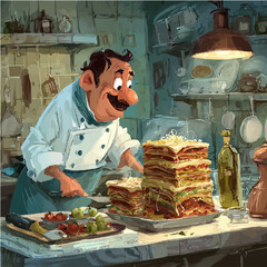 vector illustration of a chef in a restaurant kitchen cooking lasagna. print for design. kind and cheerful chef
