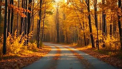 Fototapeta premium Golden autumn path through a serene Swedish forest with scattered leaves.