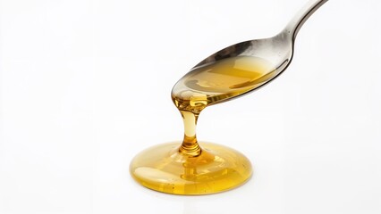 Spoonful of palm oil being poured, isolated on a white background