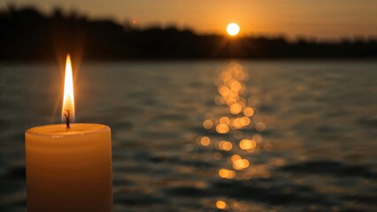 Conceptual art of human spirit and mourning featuring glowing candle bokeh, sunset hues, and rippling river reflections