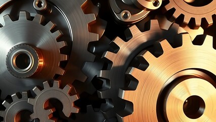 Abstract composition of mechanical gears in metallic tones with gradient lighting.