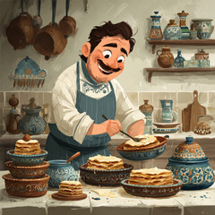 vector illustration of a cook in a restaurant kitchen cooking . print for design. kind and cheerful cook