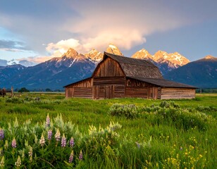 Fototapeta premium Scenic landscape with vintage barn nestled at the base of majestic mountains