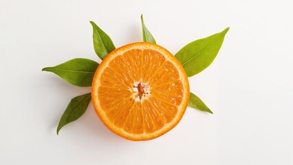 Whole and halved orange fruit accompanied by green leaves against a white background