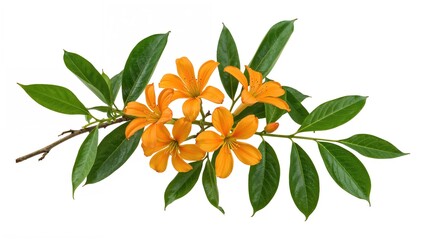 Orange blooms and leafy stems set against a plain white background