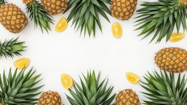 Isolated flat lay design featuring pineapples and swim attire on a clean white background.