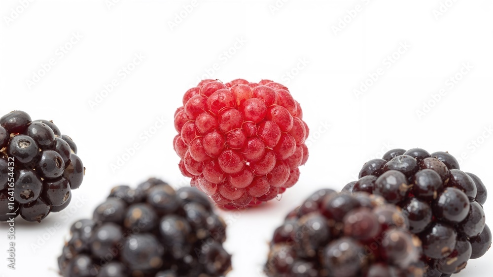Poster central raspberry sharp with surrounding blackberry on white background, shallow focus effect