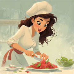 vector illustration of a chef in a restaurant kitchen cooking carpaccio. print for design. kind and cheerful chef