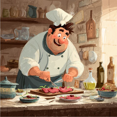vector illustration of a chef in a restaurant kitchen cooking carpaccio. print for design. kind and cheerful chef
