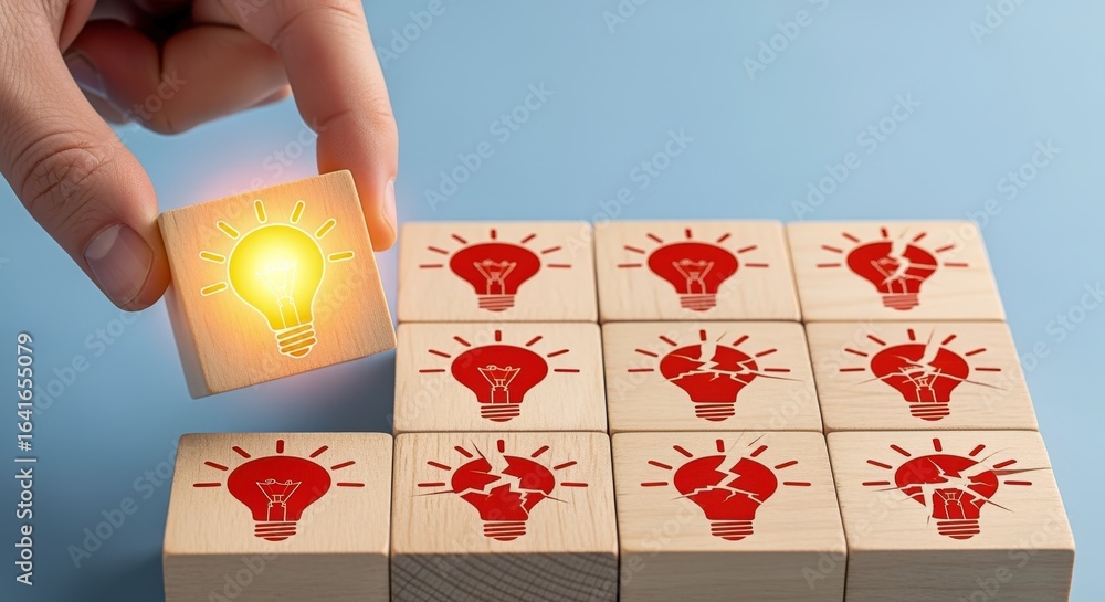 Poster innovative solution: hand placing lightbulb block among failed ideas, representing creativity and pr