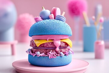 A creative food art event featuring a unique blue burger in a studio setting, captured with whimsical lighting for a playful concept.