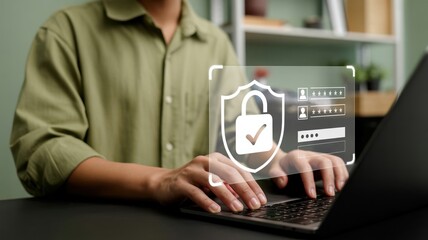 Secure Login - A man typing on a laptop, with a glowing shield and padlock icon and a user login form, for online security and data protection