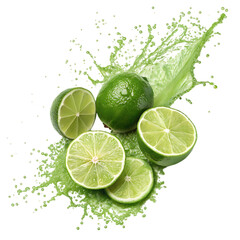 Fresh lime splash with slices isolated on transparent background