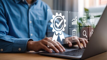 Quality Assurance - A man typing on a laptop, with a glowing icon of a checkmark and ribbon, surrounded by business and quality icons