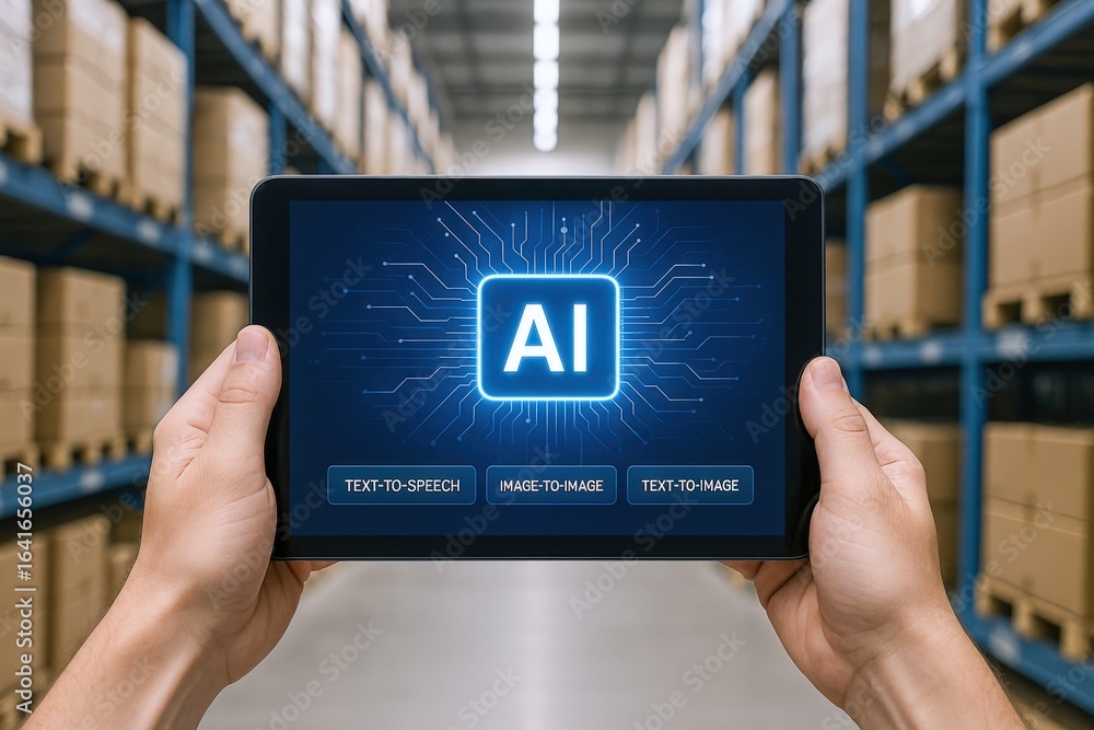 Poster artificial intelligence implementation: hands hold tablet displaying ai interface in a modern wareho