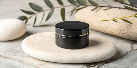 Sophisticated balm jar in black with gold detailing placed on natural stone for premium beauty ad concept