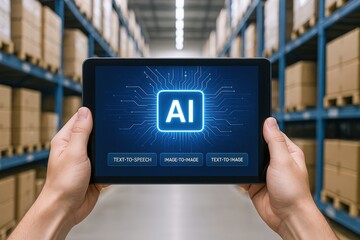 Artificial Intelligence Implementation: Hands Hold Tablet Displaying AI Interface in a Modern Warehouse Environment
