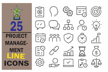 Collection of 25 Project Management Line Icons Representing Essential Tasks and Processes for Business and Organizational Success