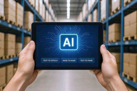 Artificial Intelligence Implementation: Hands Hold Tablet Displaying AI Interface in a Modern Warehouse Environment