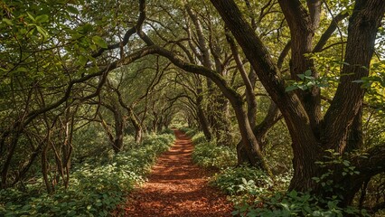 Fototapeta premium A tranquil trail surrounded by thick woods and vibrant greenery