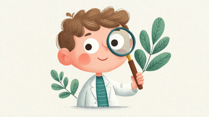 Boy child scientist holding magnifying glass examining green leaf with curiosity and joy