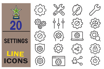 Collection of Settings and Configuration Line Icons for Web and Mobile Development Design Elements and User Interface with Technical Support and Gears