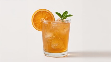Fototapeta premium Refreshing orange-flavored iced tea on a white base