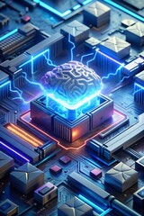 Brain on circuit board with blue light abstract background. 3d render