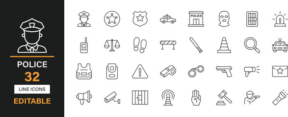 Police 32 editable line icons set. police, badge, siren, officer, shield, handcuffs, gun, car, vehicle, radio, justice, investigation and solid icons.