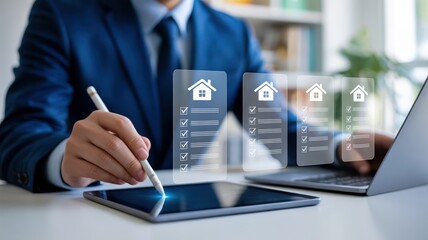 Real Estate - A businessman's hands using a digital pen on a tablet, with icons for houses and a checklist for property selection