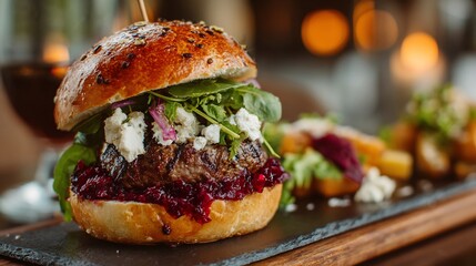 A gourmet burger with beetroot relish, blue cheese, and greens on a black slate plate setting
