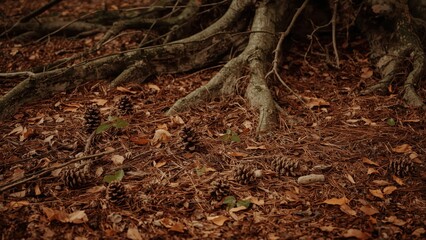 Autumn leaves and pine cones covering the forest bed